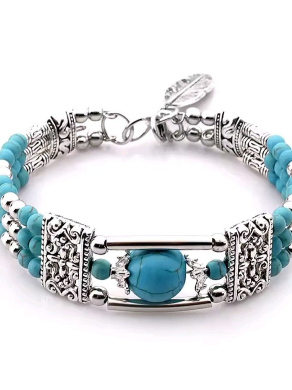 Silver-Accent Turquoise Beaded Women's Bracelet Size 7